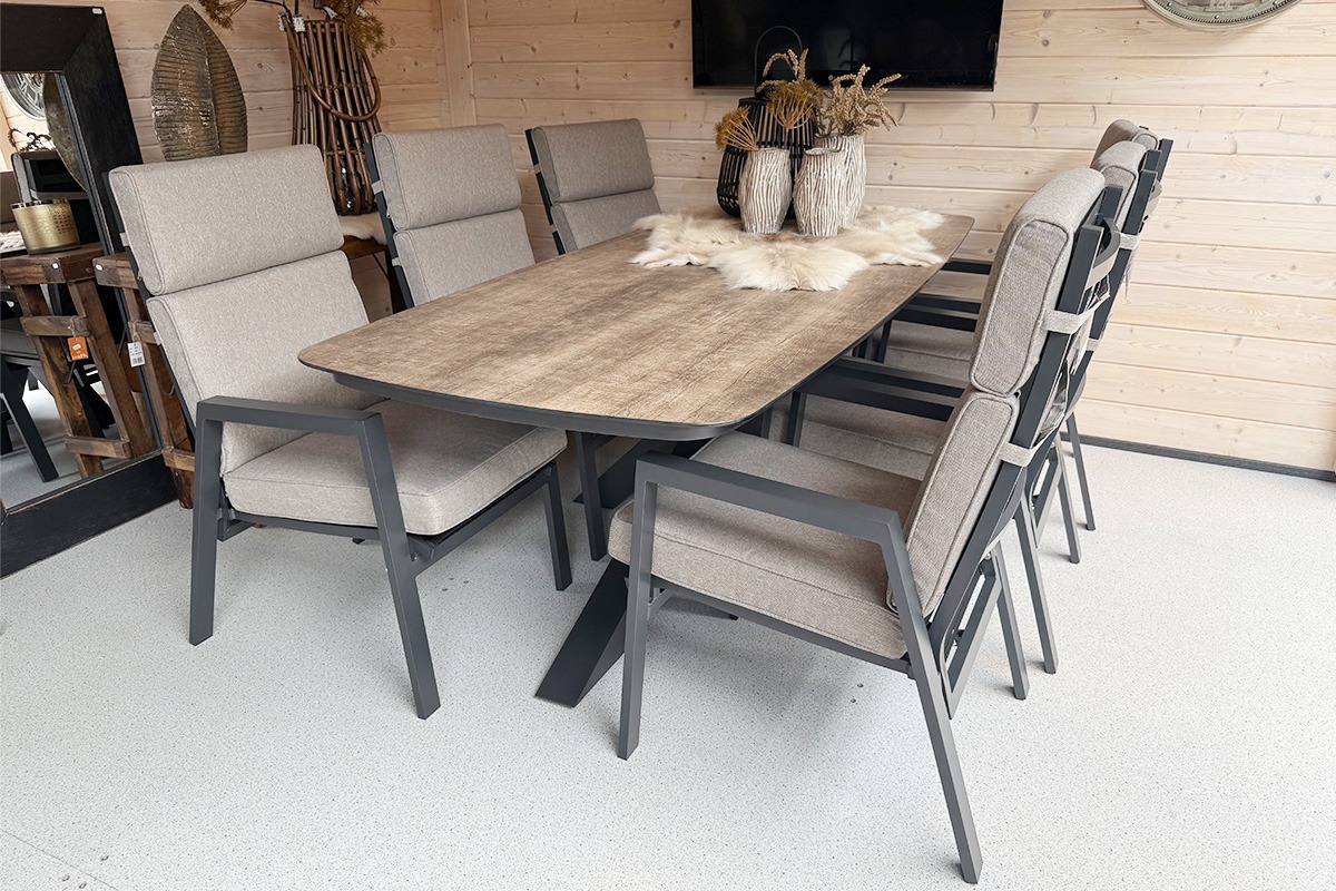 SenS-Line Ambiance tuinset tafel en 6 verstelbare stoelen incl. taupe kussens - Showmodel Wommelgem- - Aluminium- Sens-Line